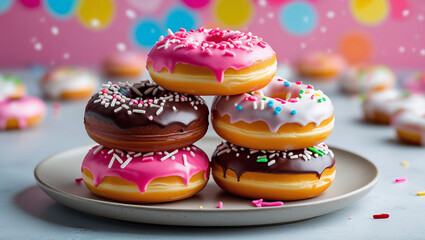 Festive mini donut tower with various toppings. Colorful dessert photography with bright bokeh. Ideal for bakery branding or party themes.