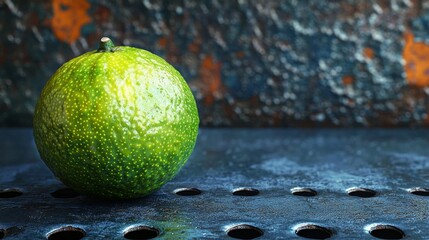 Citrus Radiance: A vibrant green lime resting against an intriguing textured metal backdrop capturing the essence of natural zest and industrial harmony