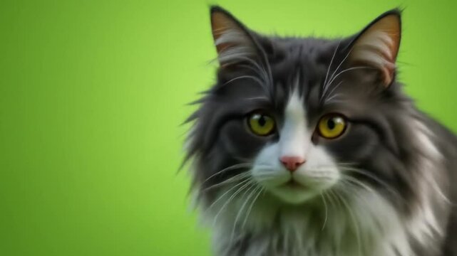 A photorealistic 3D cat model facing forward, displayed on a vibrant green gradient background, 
