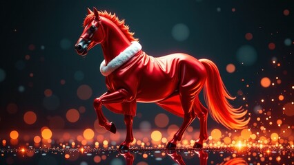 Festive red horse with santa outfit and glowing bokeh lights. symbol of 2026 Red Fire Horse New Year's background