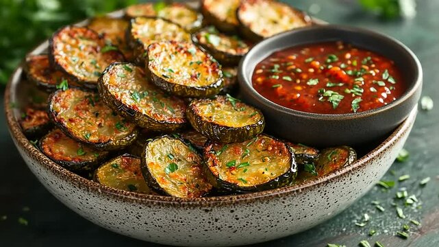 Crispy zucchini chips with dipping sauce in a bowl, perfect snack and appetizer close up