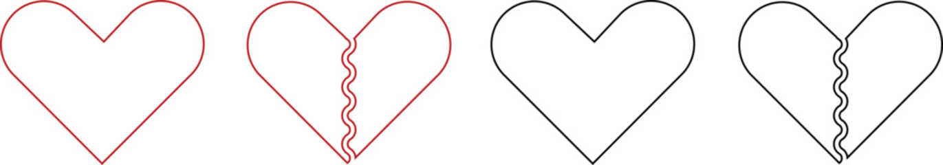 Heartbreak icon set. Broken heart or divorce vector collection isolated on transparent background. Outline drawing broken red hearts line clipart breakup symbol for apps and websites