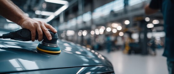 Caucasian adult man using car polisher on vehicle in auto repair shop Concept of car detailing, paint correction, and professional automotive service