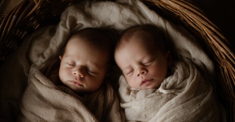 Two infant twins asleep in a wicker basket, wrapped in soft neutral colored fabrics. A heartwarming portrait of newborn innocence and peace.