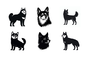 Fototapeta premium Six black and white finnish spitz dog silhouettes