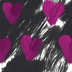 Pink painted polka dot hearts seamless pattern hand drawn. Gouache doodle symbols on black.