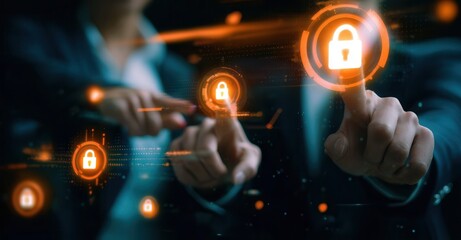 Cybersecurity Interface: People interacting with a holographic interface displaying security lock icons, emphasizing digital protection.