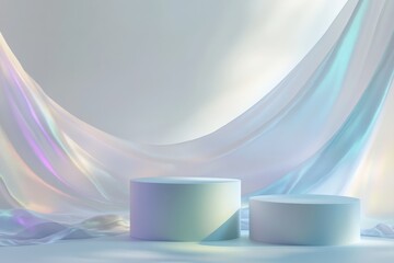 Two cylinder podiums with iridescent fabric backdrop for product display and promotional showcases, cosmetic, jewelry, and art presentation