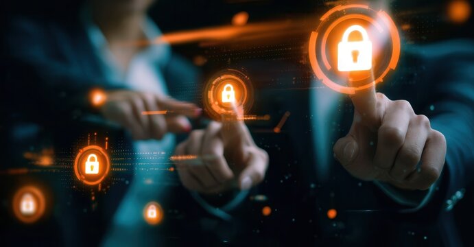 Cybersecurity Interface: People interacting with a holographic interface displaying security lock icons, emphasizing digital protection.