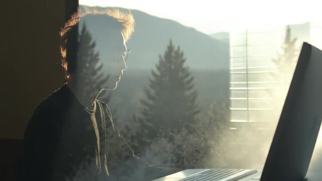 Mysterious Vapor, Golden Light: A Young Man's Smoky Laptop Session