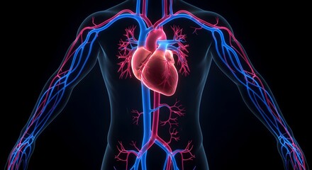 Human Heart and Circulatory System Anatomy Illustration on Black Background