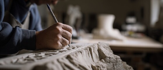 Fototapeta premium Adult man carefully carving intricate floral pattern into stone molding indoors, showcasing craftsmanship and traditional stonemasonry skills
