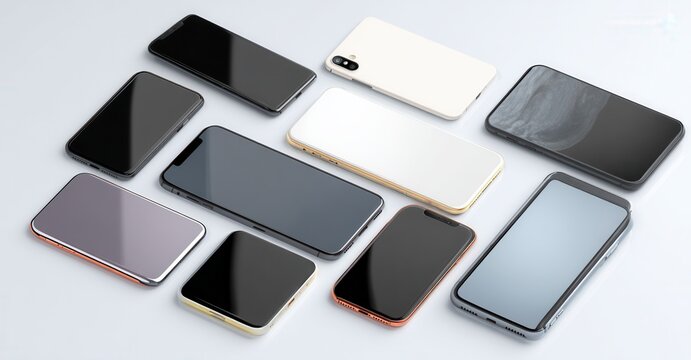 Arrangement of multiple modern touchscreen phones on a white surface, showcasing diverse colors and designs, reflecting technology advancement.