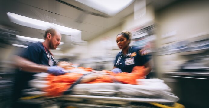 Emergency medical team racing to provide immediate care in a hospital setting, showcasing urgency and coordinated response.