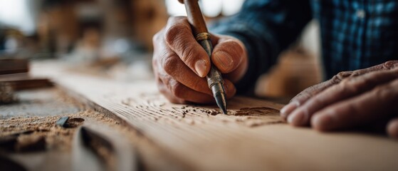 Closeup of senior craftsman carving wood with hand tools in workshop, showcasing traditional woodworking skills and artistry Concept of craftsmanship, hobby, and retirement