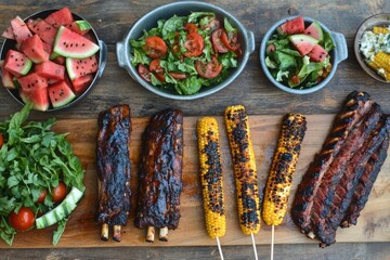 Barbecue ribs with corn and salad on wooden board for picnic, catering, and food blog