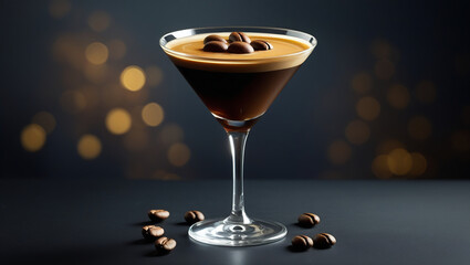 Elegant Espresso Martini with rich crema and coffee bean garnish, captured on a dark moody setup with golden bokeh. Perfect for cocktail menus or luxury drink ads.