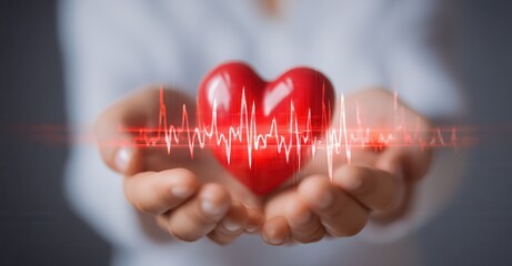 Heart Care: a pair of open hands holding a red heart with an EKG waveform across it. Represents health, medicine, and cardiology.