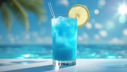 Blue Lagoon cocktail in a tall glass with electric blue hue and lemon slice, set on white with tropical light and aqua bokeh. Perfect for summer ads or drink branding.