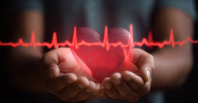 Hands holding a heart shape in front of heart rate rhythm representing cardiovascular health and love, focus on health, wellness and vitality
