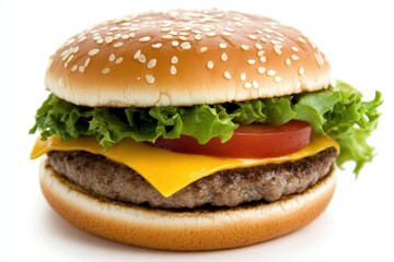 Juicy grilled beef patty, melted cheese, crisp lettuce, and ripe tomato nestled in a sesame seed bun