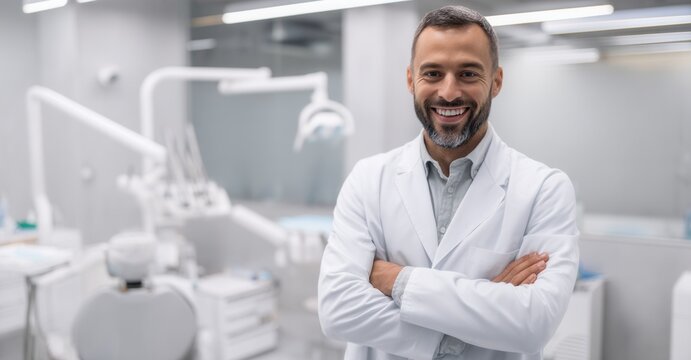 Smiling dentist in a white coat, arms crossed, in a modern dental office. He is confident and welcoming to his patients.
