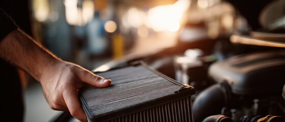 Adult man mechanic holding dirty car air filter for replacement in auto repair shop Concept of vehicle maintenance, automotive service, and engine care
