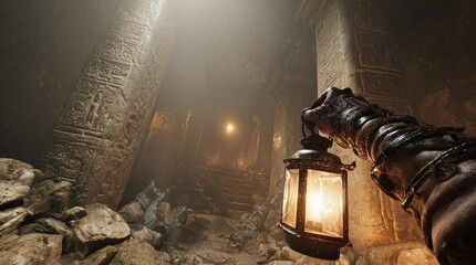 First-person perspective of a gloved hand holding a lit lantern while standing in a dusty ancient stone temple with carved pillars and mysterious atmosphere - Powered by Adobe