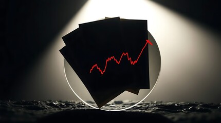 A dark, dramatic image of documents, displayed beneath a magnifying glass, with a red upward trending chart