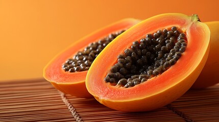 Vibrant Slices of Papaya Showcase Freshness on a Textured Surface with a Warm Orange Background
