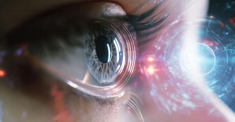 Close-up of an eye with digital interface elements overlaid, blending the biological with advanced technology and human-computer interaction.
