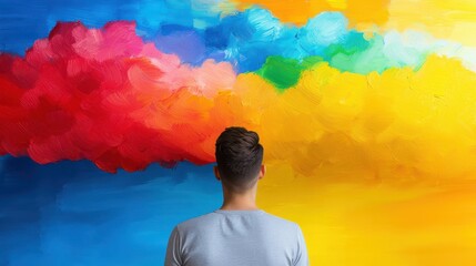 A person stands facing a vibrant, colorful abstract wall painting, appearing to contemplate the bold brushstrokes and vivid hues.