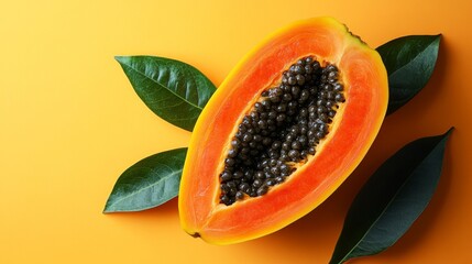Vibrant papaya half with glistening seeds, adorned with lush leaves, a tropical composition with a visually engaging presentation and appealing aesthetic