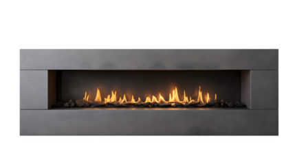 A detailed depiction of a modern linear gas fireplace insert, isolated on Transparent background.