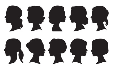 beautiful female faces profile set silhouette vector