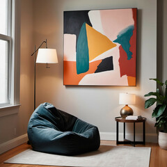 A corner with one bean bag chair, a floor lamp, and a large abstract painting leaned against the wall.