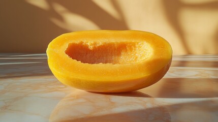 Exotic halved papaya fruit on marble surface with soft light and shadows, still life tropical fruit photography, sunny tropical vacation vibe