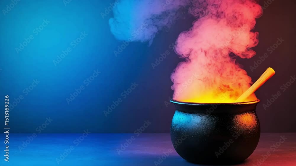 Poster cauldron with colorful smoke and dark mist creating magical and mysterious atmosphere