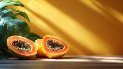 Sunlit Papaya Still Life with Tropical Leaf Accents and Vibrant Yellow Backdrop for Healthy Eating and Fresh Produce Concepts