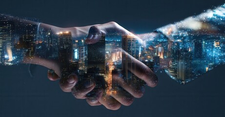 Cityscape Handshake: a digitally enhanced image showcasing a handshake overlaid with a vibrant, modern cityscape at night