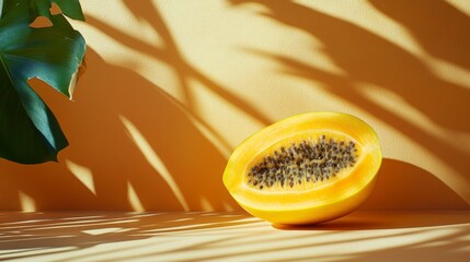 Tropical Serenity: Sliced Papaya Bathed in Warm Light and Playful Shadow Artistry, a Celebration of Nature's Palette and Minimalist Still Life Composition