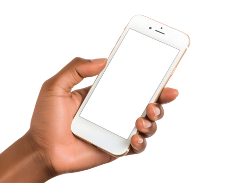 Dark-skinned hand holding a white smartphone against a black background