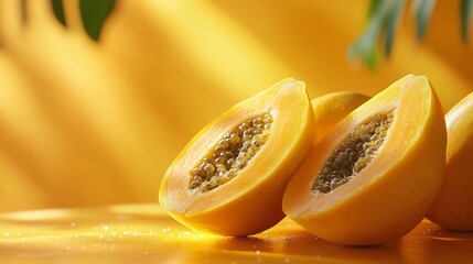 Exotic papaya fruit in a still life composition, displayed against a golden backdrop with soft shadows and suggestive of a tropical ambiance