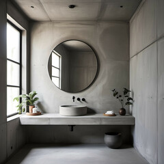 A minimalist bathroom with concrete walls, a floating sink, and a round mirror with no frame