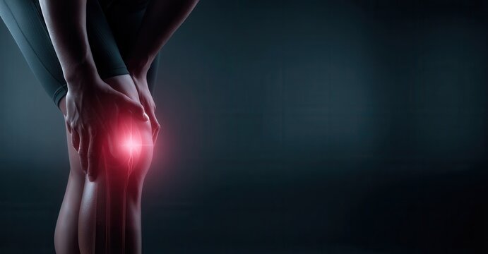 Person with hands on knee with pain highlighted in red. The background is a gradient dark blue. Injury or medical condition concept
