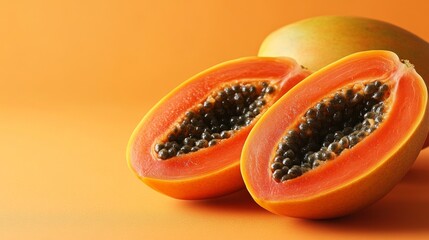 Vibrant Papaya Halves Displaying Seeds on a Harmonious Orange Backdrop Revealing Freshness and Tropical Deliciousness Close Up, Creating a Visually Appealing Still Life