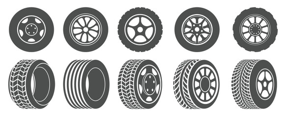 wheel tires car tire tread tracks motorcycle racing wheels icons dirty tires track illustration set. © Razer