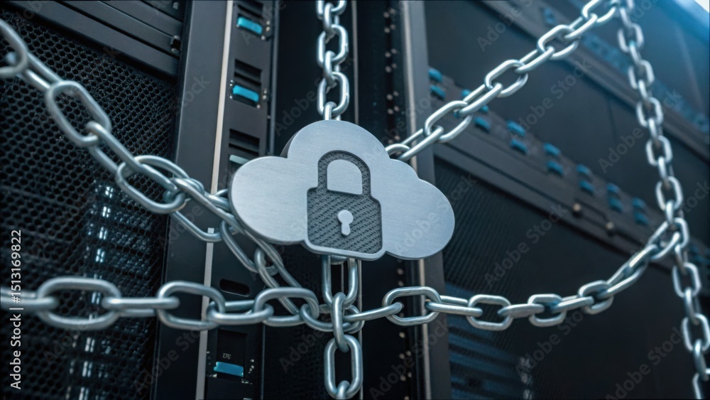 Poster Secure Cloud Storage Icon Surrounded by Chains in Digital Environment