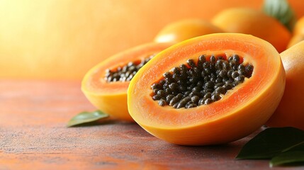 Exotic papaya halves reveal a treasure trove of seeds, enhanced by soft natural light and earthy tones, evoking a sense of tropical abundance