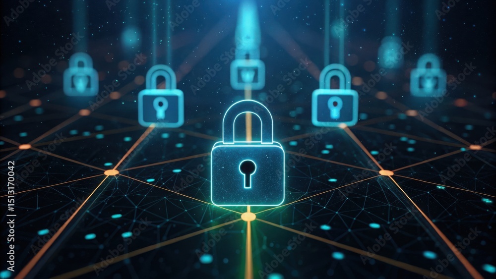 Poster Detailed Visualization of Encrypted Data Stream with Floating Lock Icons